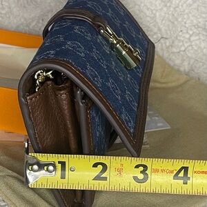 Denim and Brown Leather Compact Crossbody Wallet with Gold Accent